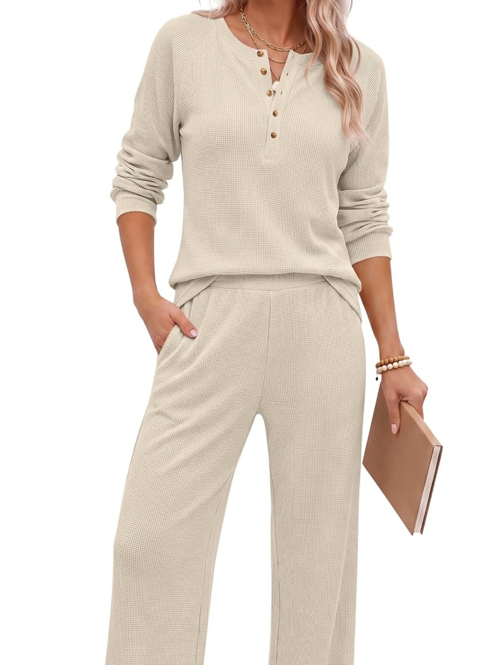 Amazon Cream Wide-Leg Lounge Pants with Matching Henley Top
